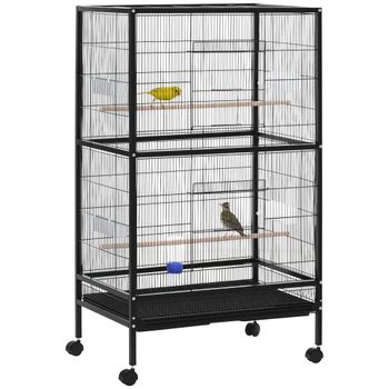 PawHut Jaula para Pájaros con 4 Ruedas Pajarera Metálica con Múltiples Puertas 4 Comederos Bebedero 2 Perchas y Bandeja 79x52x137 Negro   Aosom España