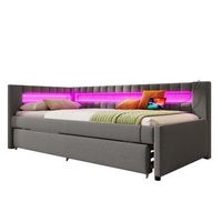 sofa cama individual de 90x200 cm con luz led y cama extraible usb de lino gris sin colchonetas
