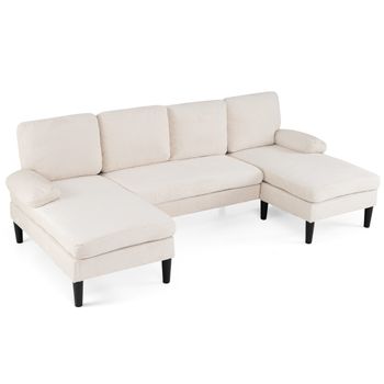 Costway Sofá Modular U 4 Plazas con 2 Tumbonas Laterales Reposabrazos 4 Cojines Respaldo Almohadillas Pie para Salón Oficina Beige
