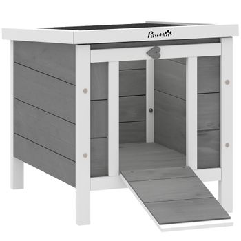 PawHut Conejera de Madera Exterior Jaula Caseta para Roedores con Techo Asfáltico Abatible y Rampa Antideslizante 42x51x43 cm Gris   Aosom España
