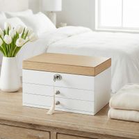 caja joyero de 3 niveles con espejo de color blanco y madera