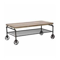 mesa de centro rustic de madera con revistero y patas metalicas con ruedas