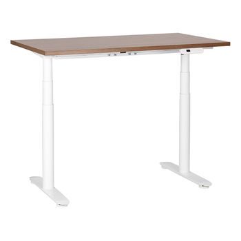 Escritorio De Altura Regulable Eléctrico Diseño Moderno Patas Redondas 120 X 72 Cm Tablero Madera Oscura Soporte De Acero Blanco Destinas