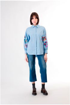 camisa de popelina con bordado de lentejuelas light blu l