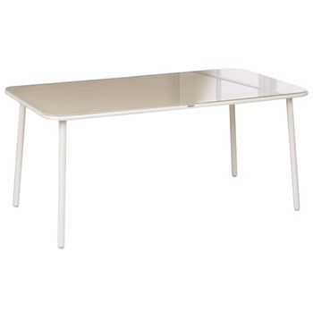 Mesa De Jardín 160 X 90 Cm Estructura De Acero Y Tablero De Vidrio Templado 6 Personas Resistente Rayos Uv Agua Beige Claro Caravino