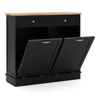 costway armario de basura doble puerta abatible con dos cajones amplia encimera de madera de caucho y tabla de cortar 100 x 33 x 90 cm negro