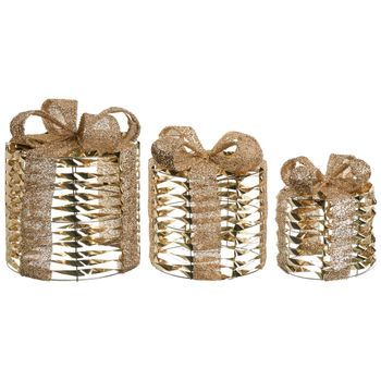 Conjunto De 3 Decoraciones Regalos De Navidad Con Luces Led Blancas Cálidas Con Lazos Adornos Festivos Para Interior Dorado Slivso