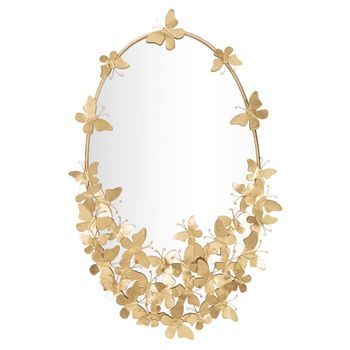 Espejo De Pared Ovalado Con Mariposas En Metal Dorado Cm 59x3x89,5