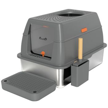 PawHut Arenero cerrado casa de aseo para gato acero inoxidable tapa escalón antidispersión 60x40x38cm gris oscuro   Aosom España