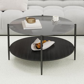 Mesa De Centro Redonda Negra De Vidrio Y Madera, Dos Niveles, 82 Cm