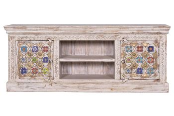 Mueble de tv madera de mango detalles en cerámica y bronce