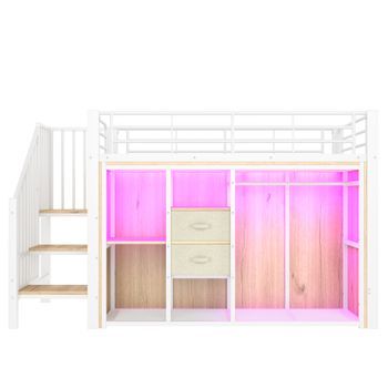 Cama Loft 90x200 Cm - 2 Cajones, Armario Abierto, Led Multicolor, Varios Compartimentos - Blanco