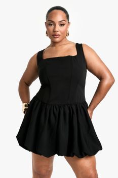 Vestido Plus Skater Plisado Con Escote Cuadrado, Negro