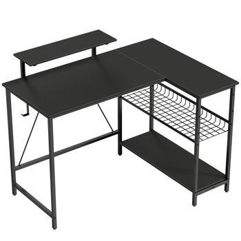 HOMCOM Escritorio gaming reversible, escritorio gaming de esquina, soporte para monitor, estantería de malla ajustable, 114,5x82x91,5cm, negro