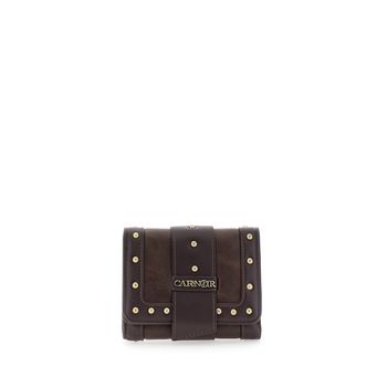 cartera efecto piel con ribete y remaches dark brown