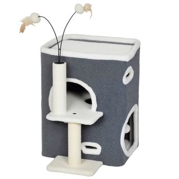 PawHut Rascador para gatos, Plataforma superior, Casa de 2 niveles, Poste de sisal, Gris