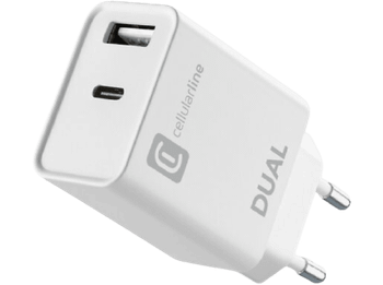 Cargador móvil - CellularLine MULTIPORT, 20 W, USB y Tipo C, de doble puerto para Apple, Carga simultánea, Blanco