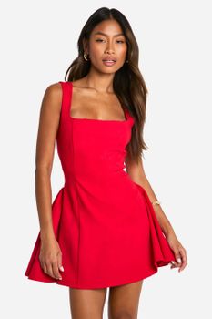 Vestido Mini Con Escote Cuadrado Y Falda Con Vuelo, Rojo
