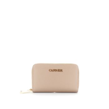 cartera de doble cremallera con efecto saffiano y letras taupe