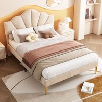 cama doble 140x200 beige terciopelo forma concha patas hierro doradas cabecero ajustable somier listones madera