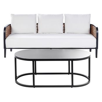 Conjunto De Jardín Exterior Metal 3 Plazas Sofá De Aluminio Con Cojines Gruesos Blanco Crema Impermeable Respaldo Trenza Vienesa Ratán Sintético Mesa De Centro Montefalco