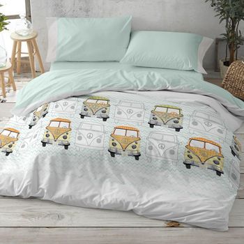 Juego Funda Nórdica 50% Algodón Vintage Furgonetas Cama De 90 Cm Color Azul Burrito Blanco