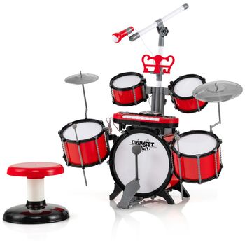 Costway Batería Infantil con Taburete Micrófono Teclado Multifuncional Instrumento de Percusión de Juguete Rojo