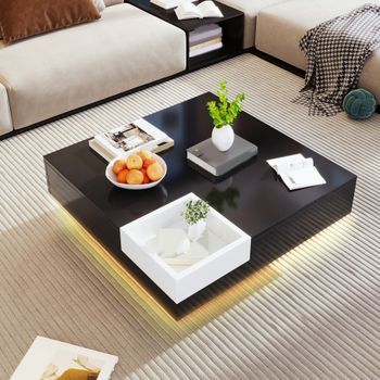 Mesa De Centro Blanca Y Negra De Alto Brillo Con Led Multicolor, 72 X 72 X 30 Cm