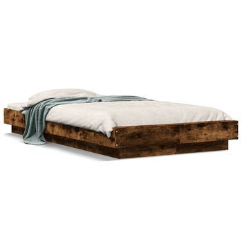 Cama Individual | Cama Para Adultos | Estructura Cama Con Luces Led Madera Roble Ahumado 100x200 Cm