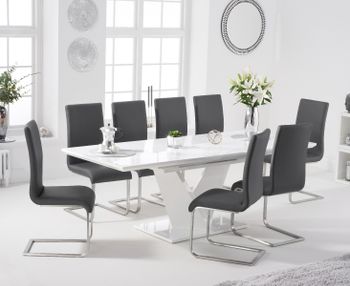 Halo 160cm White High Gloss Extending Dining Table with Malaga Faux Leather Chairs - Grey, 4 Chairs