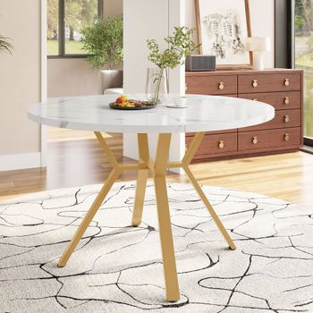 Mesa de comedor redonda efecto mármol blanco y metal dorado