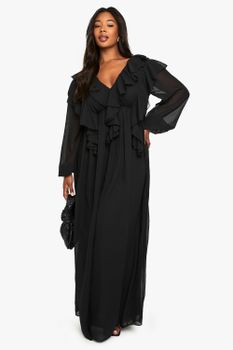 Vestido Plus Maxi Skater De Chifón Con Volante, Negro