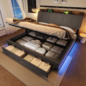 Cama Doble Tapizada Con Cofre Hidráulico, Almacenamiento Multifuncional, Iluminación Led, Usb Tipo-c, Botón Táctil Y App, Lino Gris, 180x200 Cm