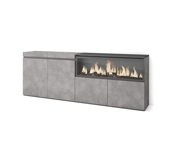 Aparador para salón, gran capacidad de almacenaje, 208x35x75cm, 4 puertas, chimenea eléctrica xxl, estilo moderno, cemento