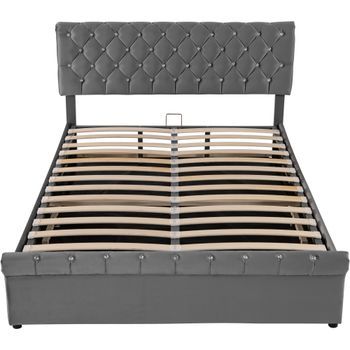 Cama Contenedor Tapizada 140x200cm Tela Terciopelo Cabecero Ajustable Gris