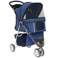 pawhut carrito para perros pequenos plegable hasta 10 kg con 3 ruedas capota cesta ventanas de malla portavasos azul oscuro   aosom espana