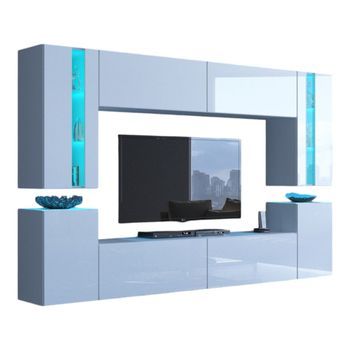Conjunto De Muebles De Salón Blancos Colgantes Colección Cepto Xxiv. 256cm, 8 Muebles, Leds, Modulares.