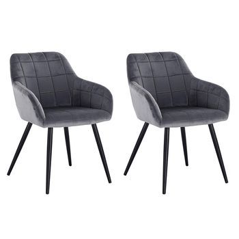 Set 2 Sillas De Comedor Con Reposabrazos Ideales Para La Cocina O El Salón Tapizadas En Terciopelo Con Patas Metálicas - Gris Oscuro - Woltu