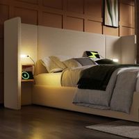 cama doble 160x200 tapizada beige con almacenaje hidraulico luz de lectura y usb