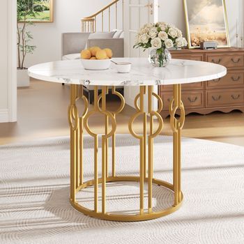 Mesa De Comedor Redonda - Mueble De Cocina - Mdf Y Metal - Blanco Y Dorado (100x100x76cm)