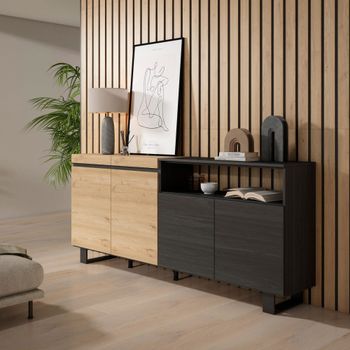Aparador efecto madera roble y negro 200x35x87cm con patas
