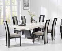 raphael 200cm white and black pedestal marble dining table with raphael chairs