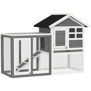 PawHut Jaula para Conejos con Zona Abierta Techo Asfáltico Bandeja Extraíble y Rampa para Exterior 122x62,6x92 cm Gris
