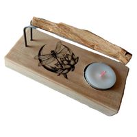 ya-decoregalos quemador de palo santo artesalmente fabricado madera natural con varillas metalicas velita de te y palo santo imagen luna flor de loto y libelula