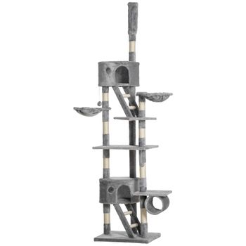PawHut Árbol para Gatos de Suelo a Techo de 240-260 cm con Altura Ajustable Múltiples Plataformas Cuevas Cestos y Rampas Gris