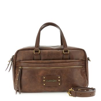 bolso baúl efecto piel vintage con bolsillo frontal con cremallera brown