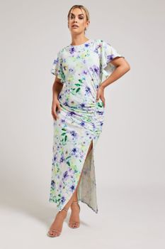 Yours London Vestido Drapeado Verde Pálido De Flores , Mujer Curvy Y Tallas Grandes, Yours London