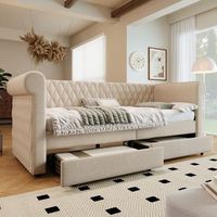 cama sofa individual con cabecero acolchado somier de lamas y 2 cajones de almacenamiento 90x200 cm lino y madera beige