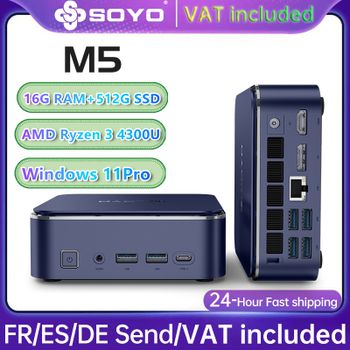 Mini PC SOYO M5 con AMD Ryzen 4300U W-11 Pro (4C/4 hilos, hasta 3,7 GHz), 16GB LPDDR4/512GB SSD, PC de escritorio 4K a 60Hz con triple pantalla (HDMI + Tipo-C + DP 1.4)/Wi-Fi 5/BT 4.2/LAN para