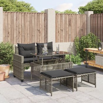 Set Sofás Jardín 4 Uds | Mueble Jardin Mesa Y Sillas Y Cojines Ratán Sintético Vidrio Gris Cfw66312
